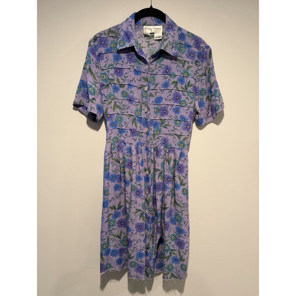 Vintage Betsy Lauren Floral Pleated Dress Size 6 Purple Cottagecore Prairie